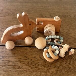 Wooden Bunny Push Toy and Baby Teether Set in Natural and Pastel Blue